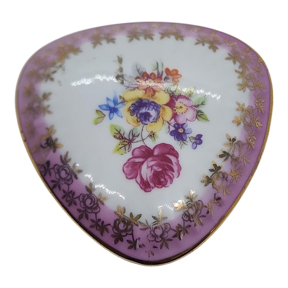 Vintage Dresden Porcelain Triangle Trinket Box Roses Floral Gold Gilt Hand Paint